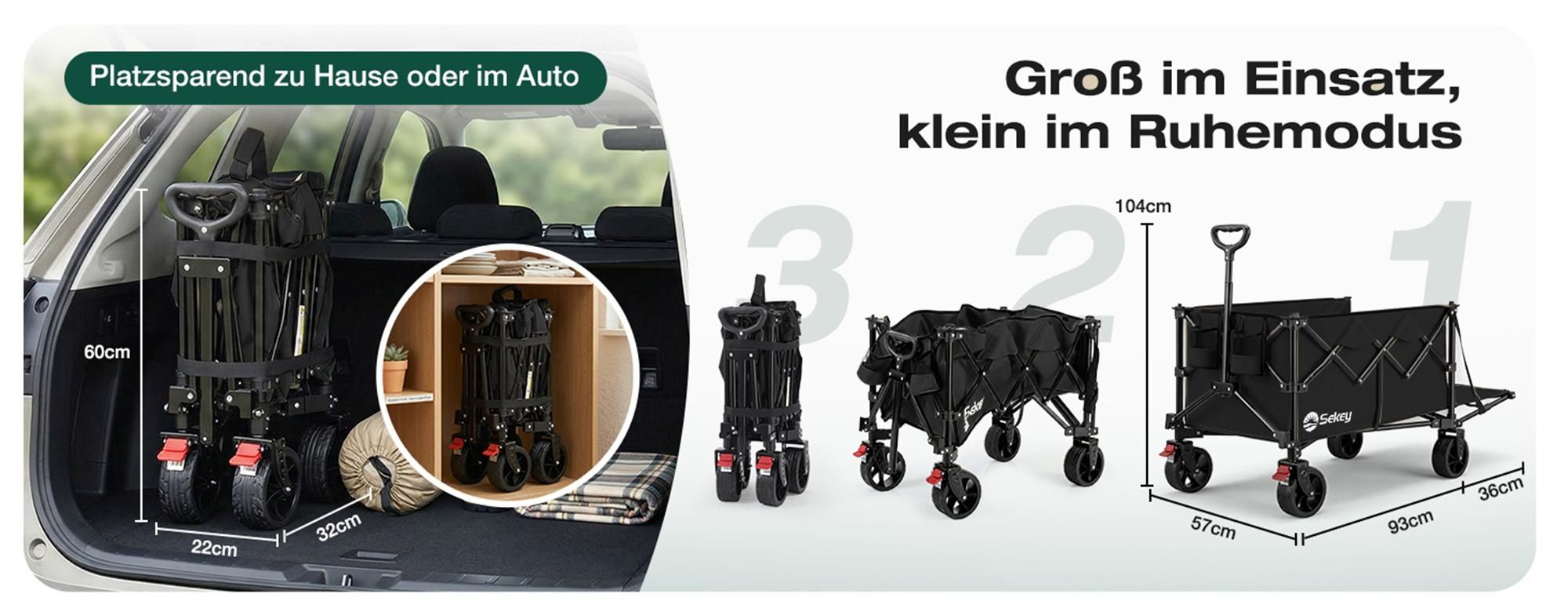 Sekey Klappbar Bollerwagen mit Faltbarer Heckklappe, 160L & 240L 150KG, Schwarz