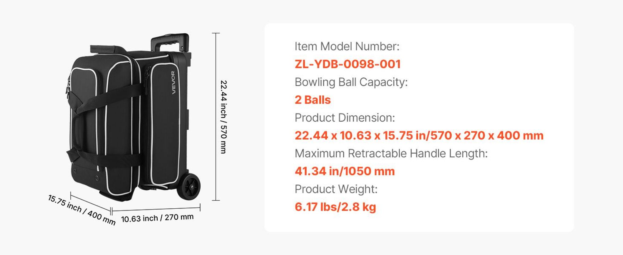 VEVOR Bowlingballtasche, 2-Ball-Doppelroller-Bowlingtasche mit Rädern, mit einem separaten Fach für Schuhe (bis US-Größe 16) und übergroßer Zubehörtasche, ausziehbarer Griff bis 1050 mm