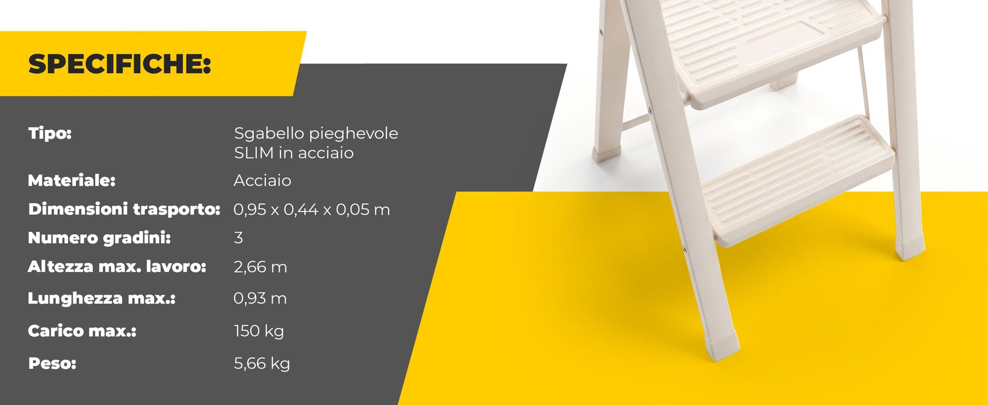 Drabest | Scala pieghevole a 3 gradini - Altezza 2,66 m - Carico massimo 150 kg - Gradini antiscivolo - Colore crema
