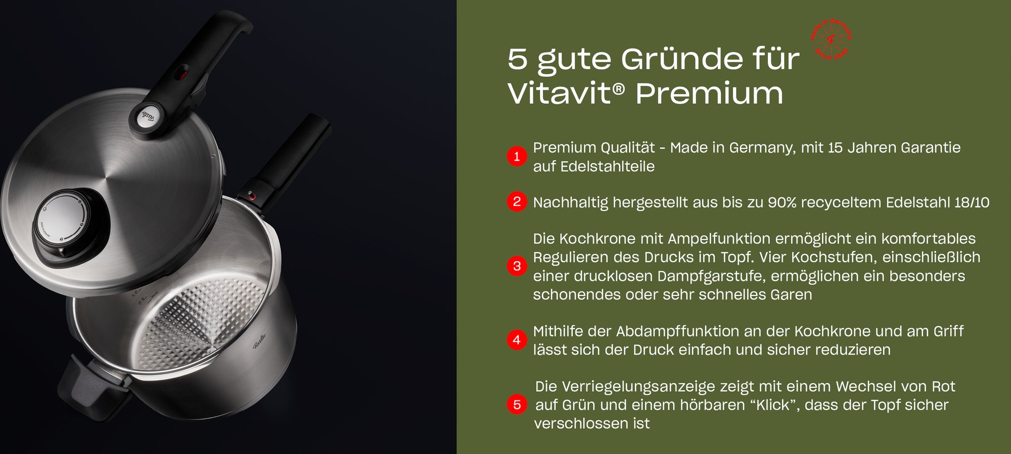Fissler Schnellbratpfanne Vitavit Premium 2,5 L – Edelstahl, Induktion, 4 Garstufen, inkl. Einsatz