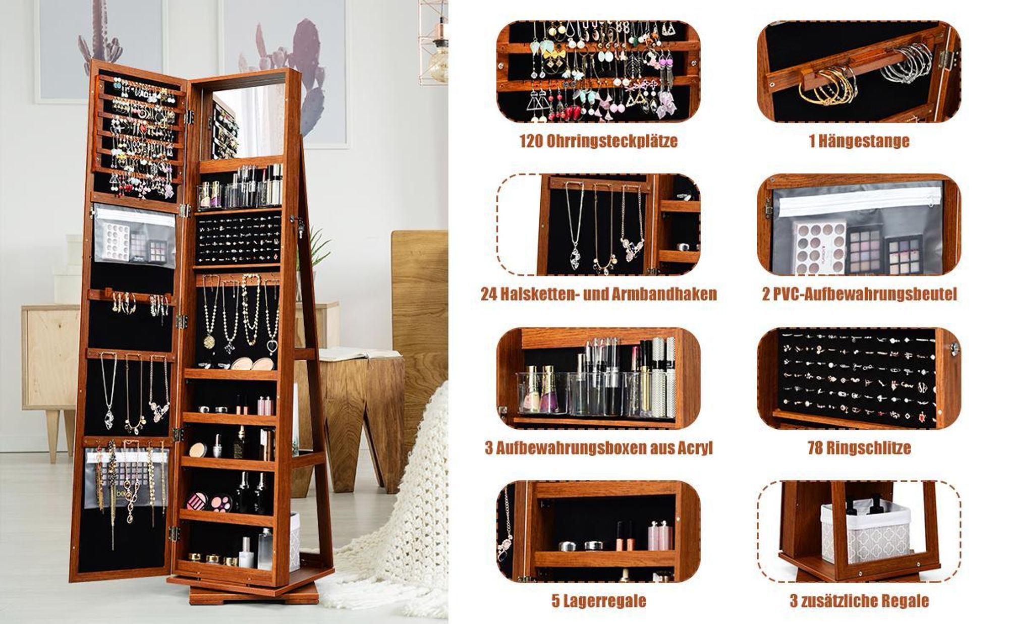 COSTWAY Schmuckschrank, Spiegelschrank mit Ganzkörperspiegel & eingebauter Make-up-Spiegel, 360° drehbar, abschließbar, Schmuck-Organizer Braun