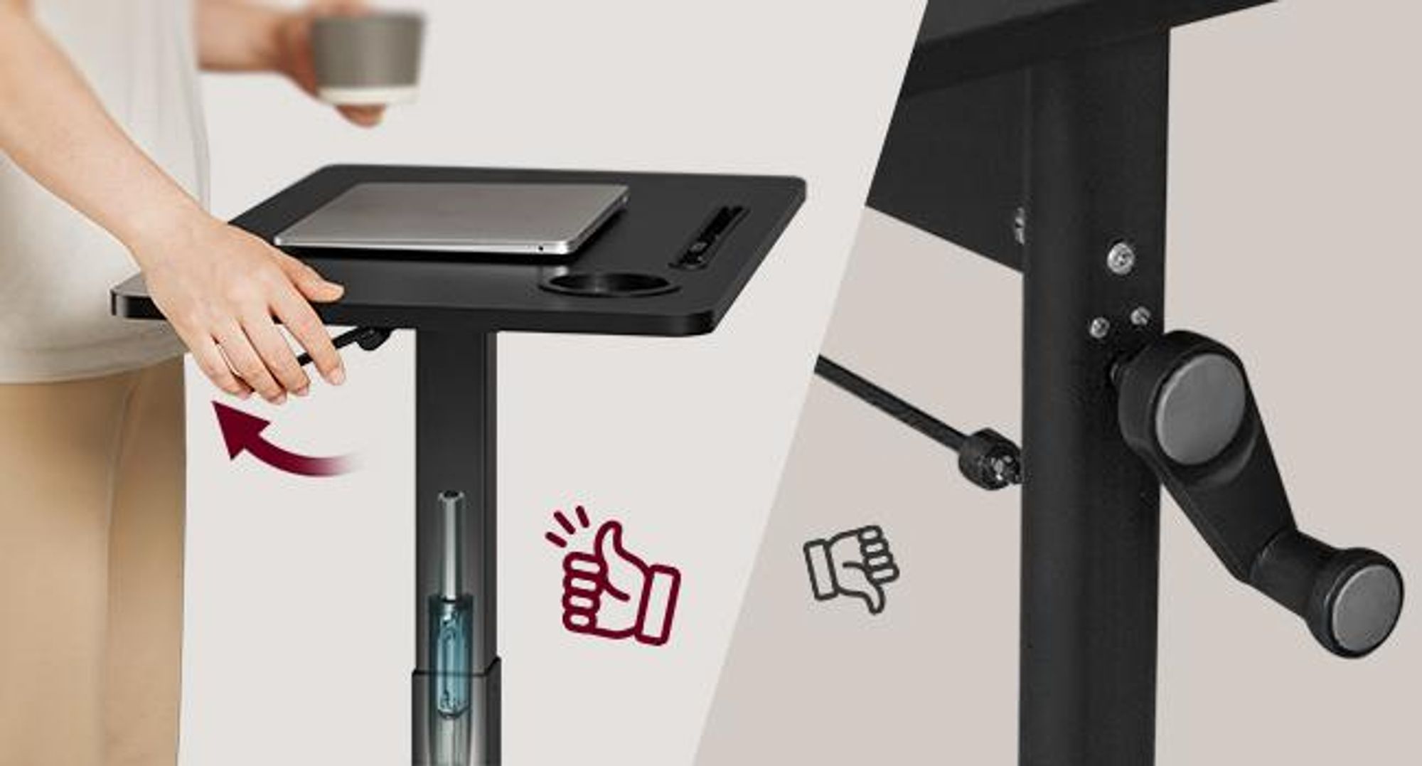 VASAGLE Beistelltisch mit Rollen, mobiler Stehtisch, verstellbare Höhe, 2 Getränkehalter, Schlitz für Handy oder Tablet