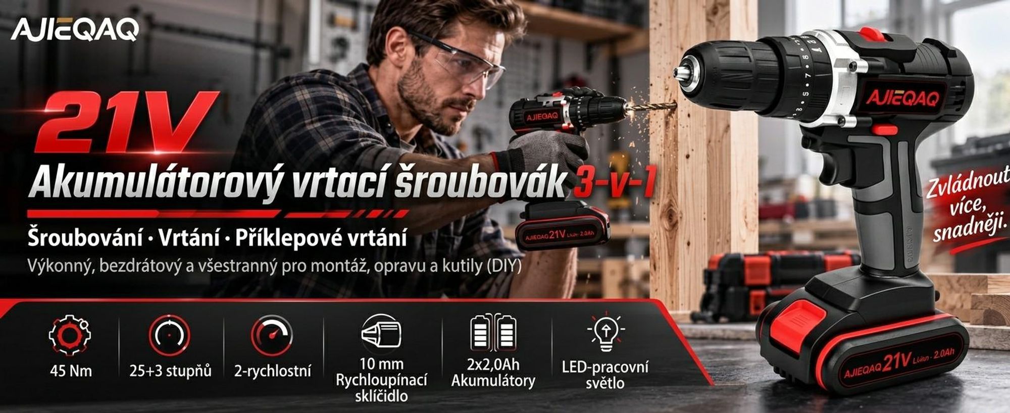 AJIEQAQ Aku šroubovák 21V Set, 3v1 aku příklepová vrtačka se 2×2,0Ah bateriemi, 45Nm, LED světlem, příslušenstvím a kufrem