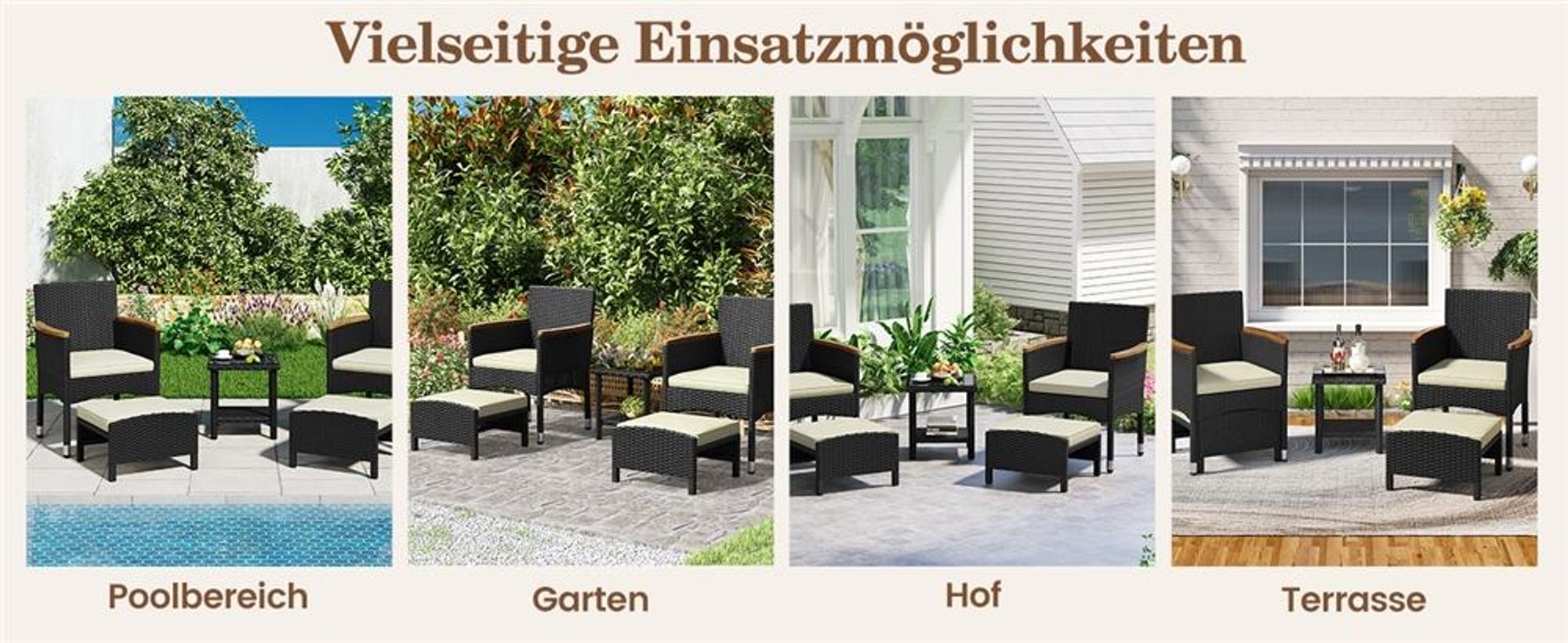 Yaheetech 5er Gartenmöbel Set, aus Rattan, inkl. 2 Einzelsofas & 2 Fußhocker & 1 Kaffeetisch, Balkonmöbel Terassenmöbel, Schwarz & Beige