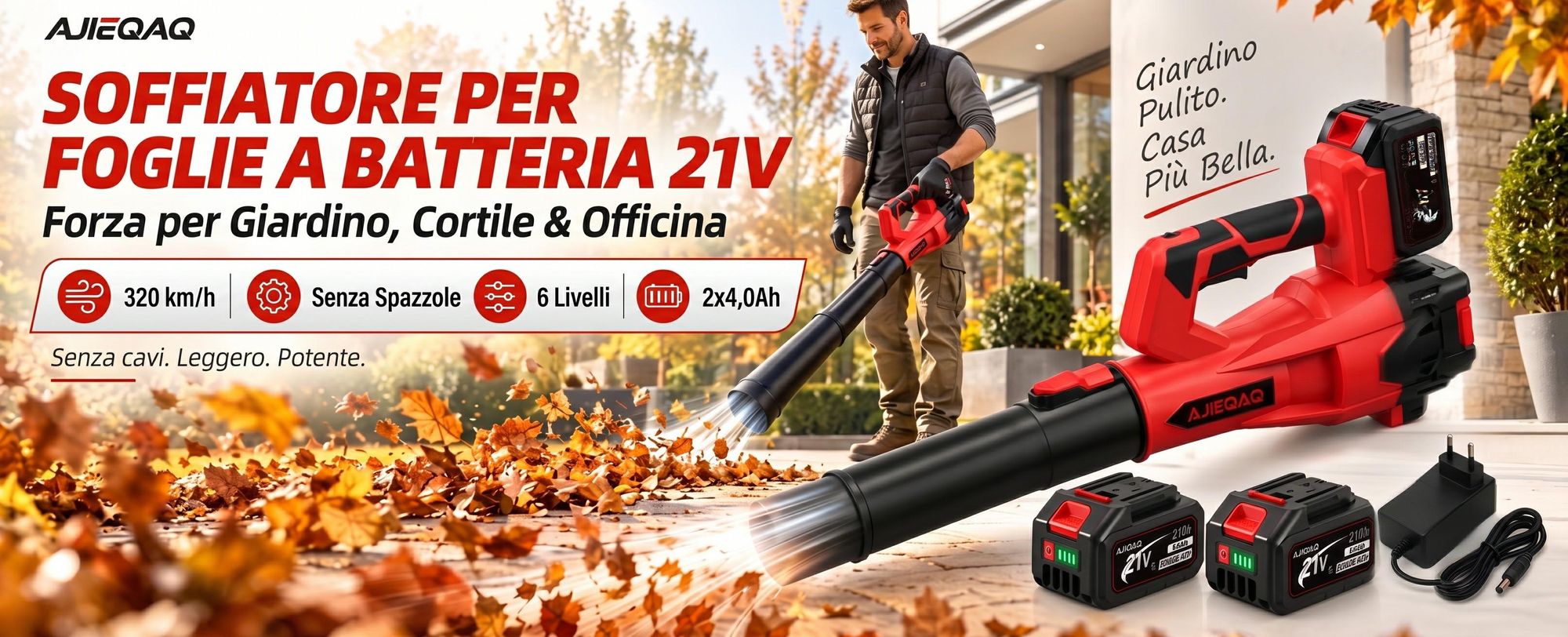 Soffiatore a Batteria 21V Brushless, 2×4,0Ah Batterie, 320 km/h, 6 Velocità con Turbo, 1000W, Soffiatore Senza Fili con 2 Tubi