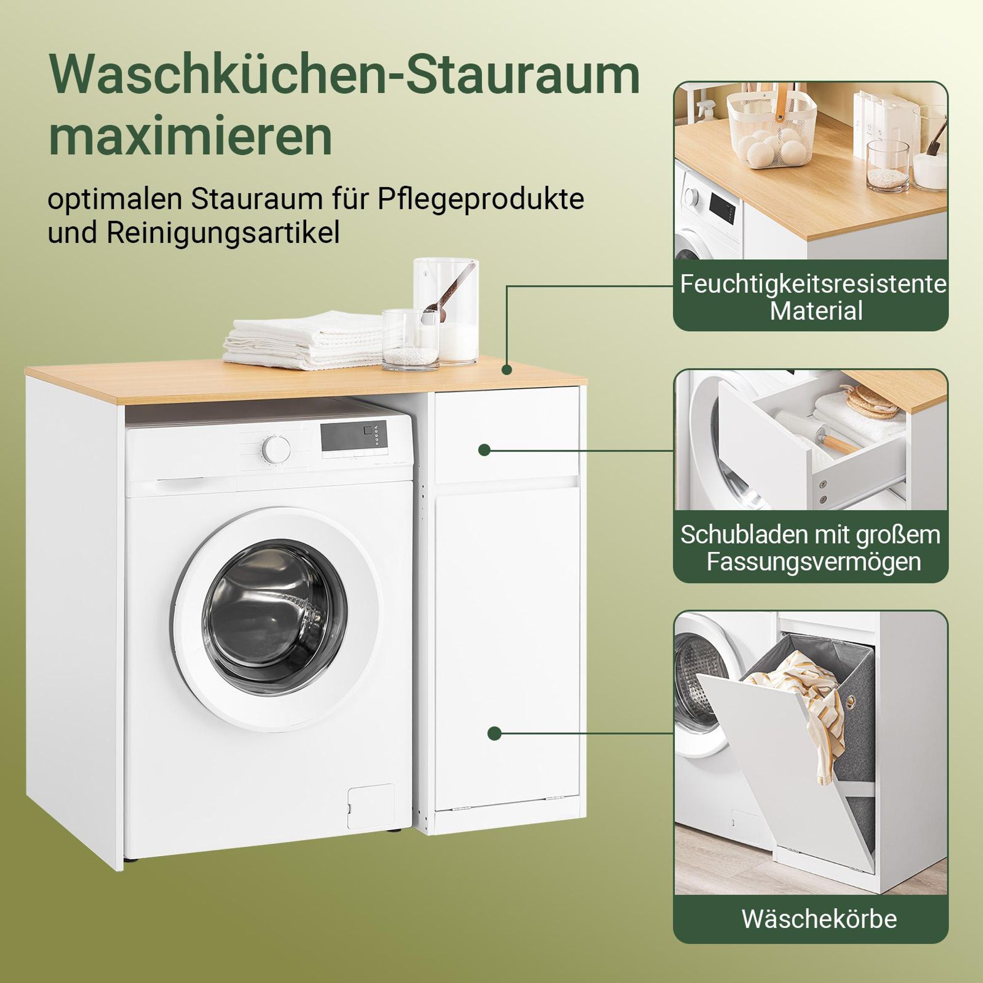 SoBuy Waschmaschinenschrank mit Wäschekorb und Schublade, 100x60x90 cm | Schrank für Waschmaschine & Trockner mit Stauraum, Weiß-Natur BZR217-WN