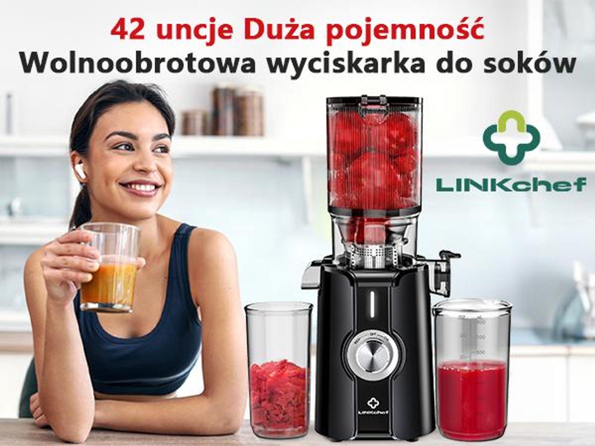 LINKChef SJ-051-EU-BL Wolnoobrotowa Sokowirówka -   200W Moc 1.2L Duża pojemność Dwie tacki do podawania sokuŁatwe czyszczenie - Czarny