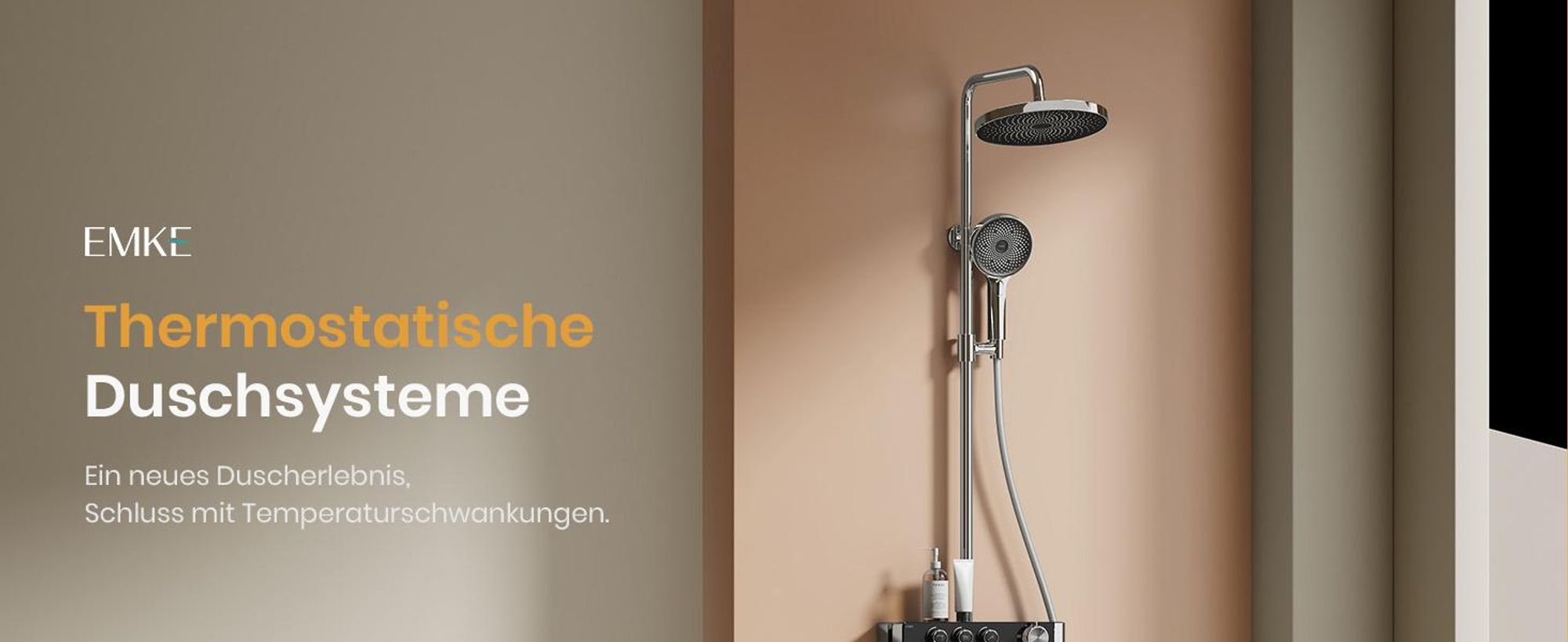EMKE Duschsystem mit Thermostat Chrom Einstellbarer Wasserfluss 260mm Rund Regendusche, Vorlauf & Badewannenauslauf F28