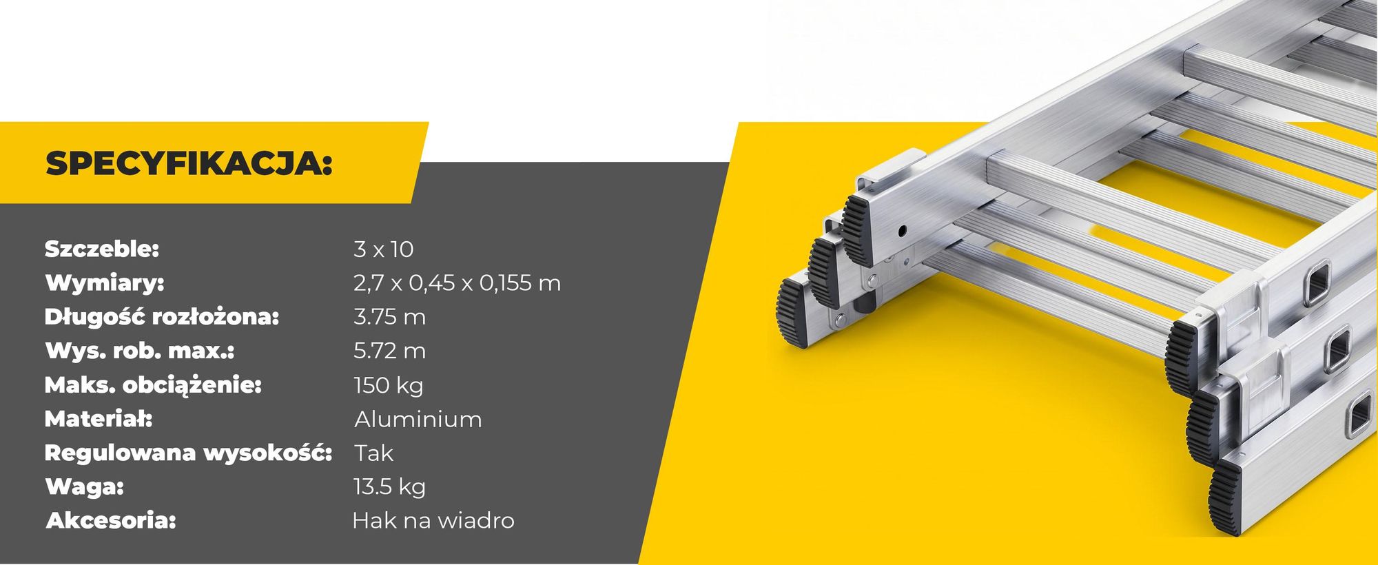 Drabest | aluminiowa drabina domowa, 3-sekcyjna, 3x10 szczebli, maksymalne obciążenie 150 kg, wielofunkcyjna, wysuwana, składana