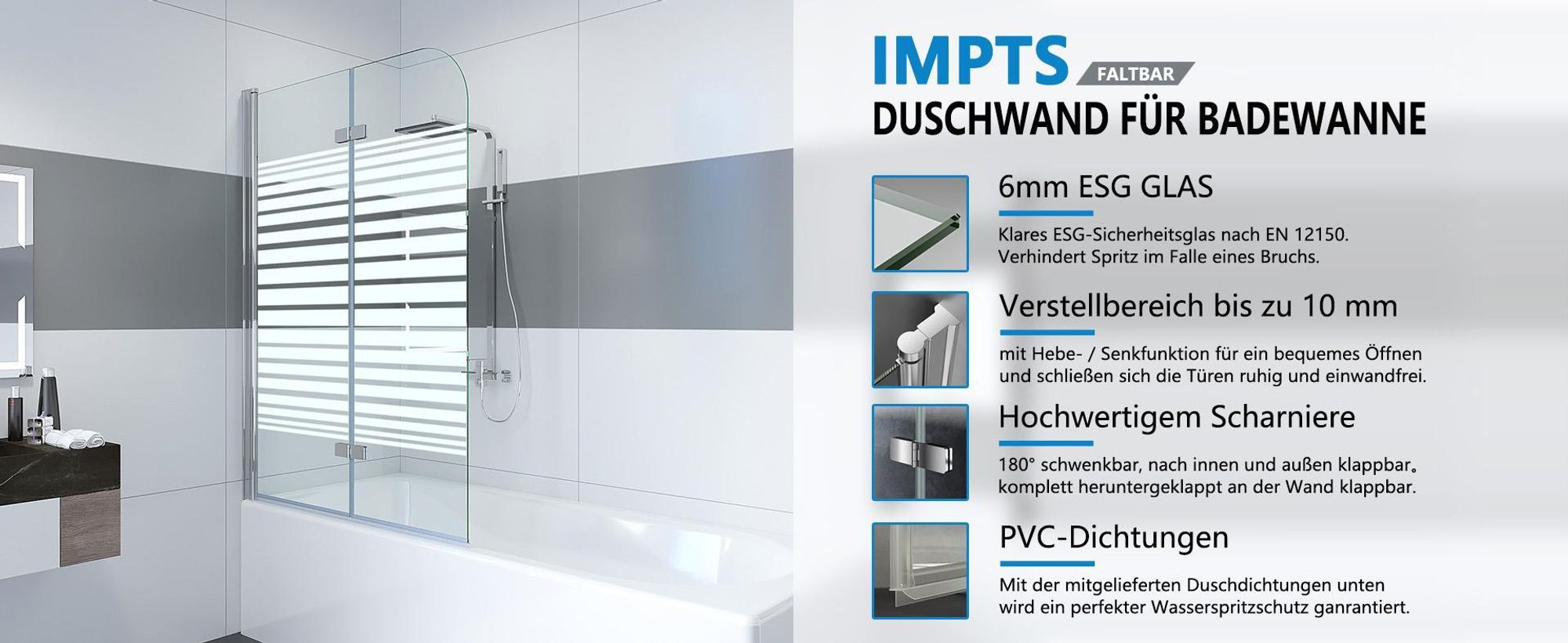 IMPTS 120x140cm Duschwand für Badewanne 2 TLG. Duschtrennwand mit Milchglas Streifen Badewannenaufsatz 6mm ESG glas teilsatiniert Badwannenfaltwand