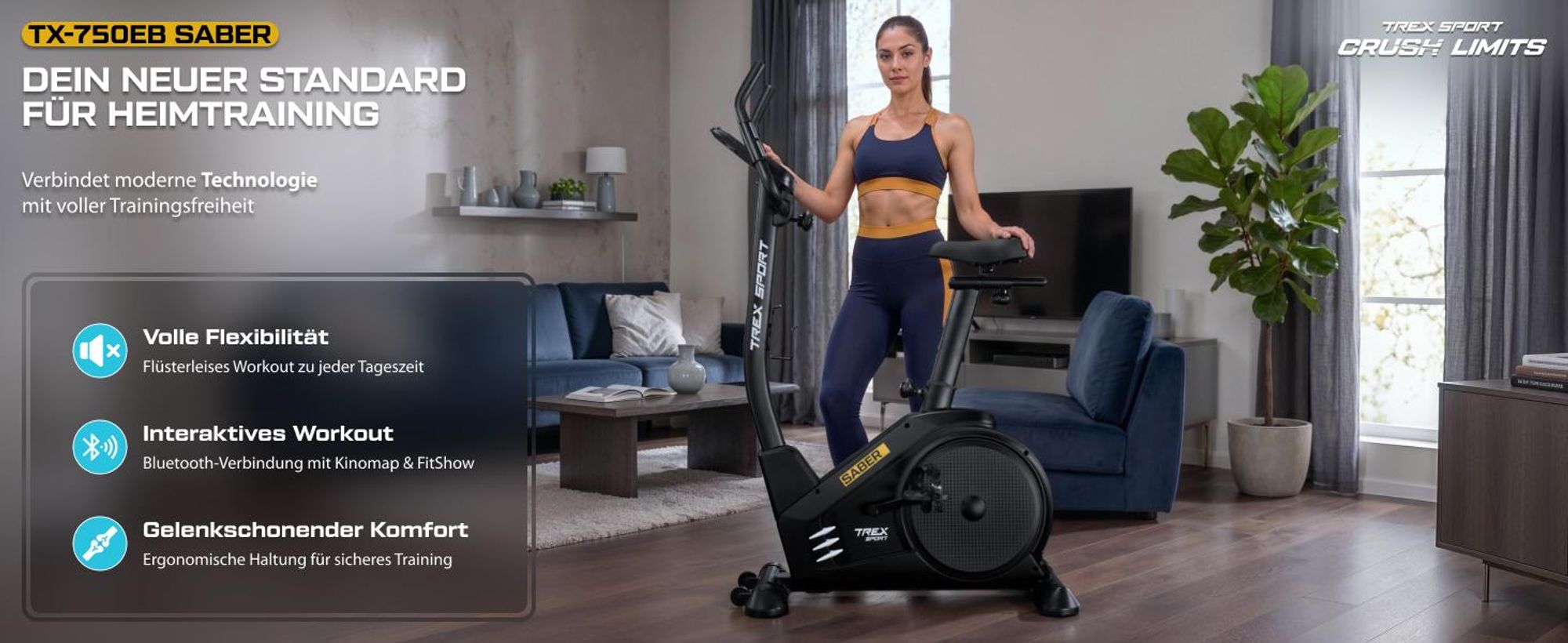 TREX SPORT Heimtrainer Fahrrad TX-750EB SABER | Elektromagnetisches Fitnessbike mit 32-stufigem Widerstand | 21 Programme, ergonomisch, bis 135 kg