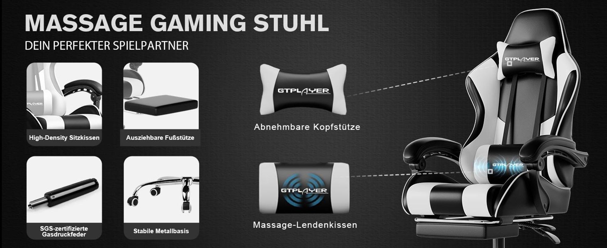 GTPLAYER Gaming Stuhl, Bürostuhl, Ergonomischer Pc Stuhl, Gaming Sessel mit Massagelendenwirbelstütze mit Fußstütze und Kopfstütze, Weiß Kunstleder