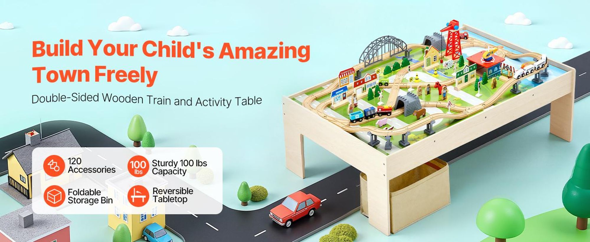 VEVOR Zugtisch, 120 mehrfarbige Holzstücke, Aktivitätstisch für Kinder mit zusammenklappbarem Aufbewahrungsbehälter, 3-in-1 Holz-Zugset zum Spielen, Zeichnen, Lesen, Essen, kreatives Spielzeugset für Kinder ab 3 Jahren, 47.4x33.5x16 Zoll