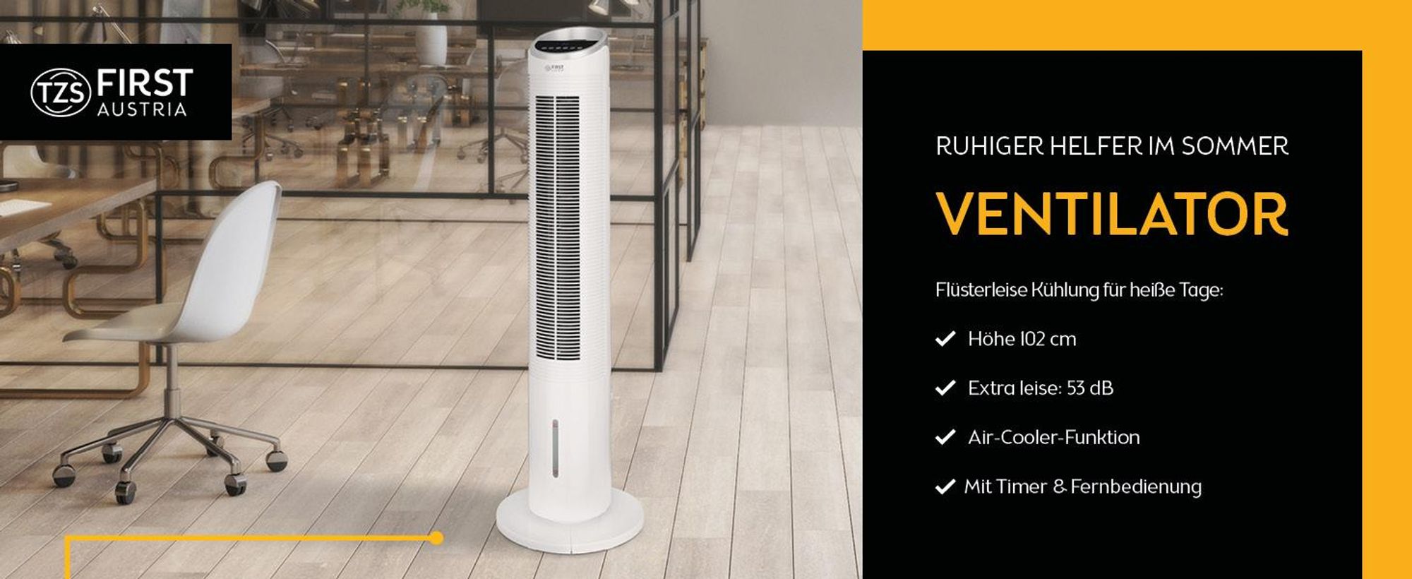 TZS First Austria Turmventilator mit Fernbedienung, 102cm Standventilator, 3 Stufen, sehr leise 53dB, Luftkühler, 80° Oszillation, mit Wasserkühlung, 60W, Ventilator, Timer, Display, Weiß