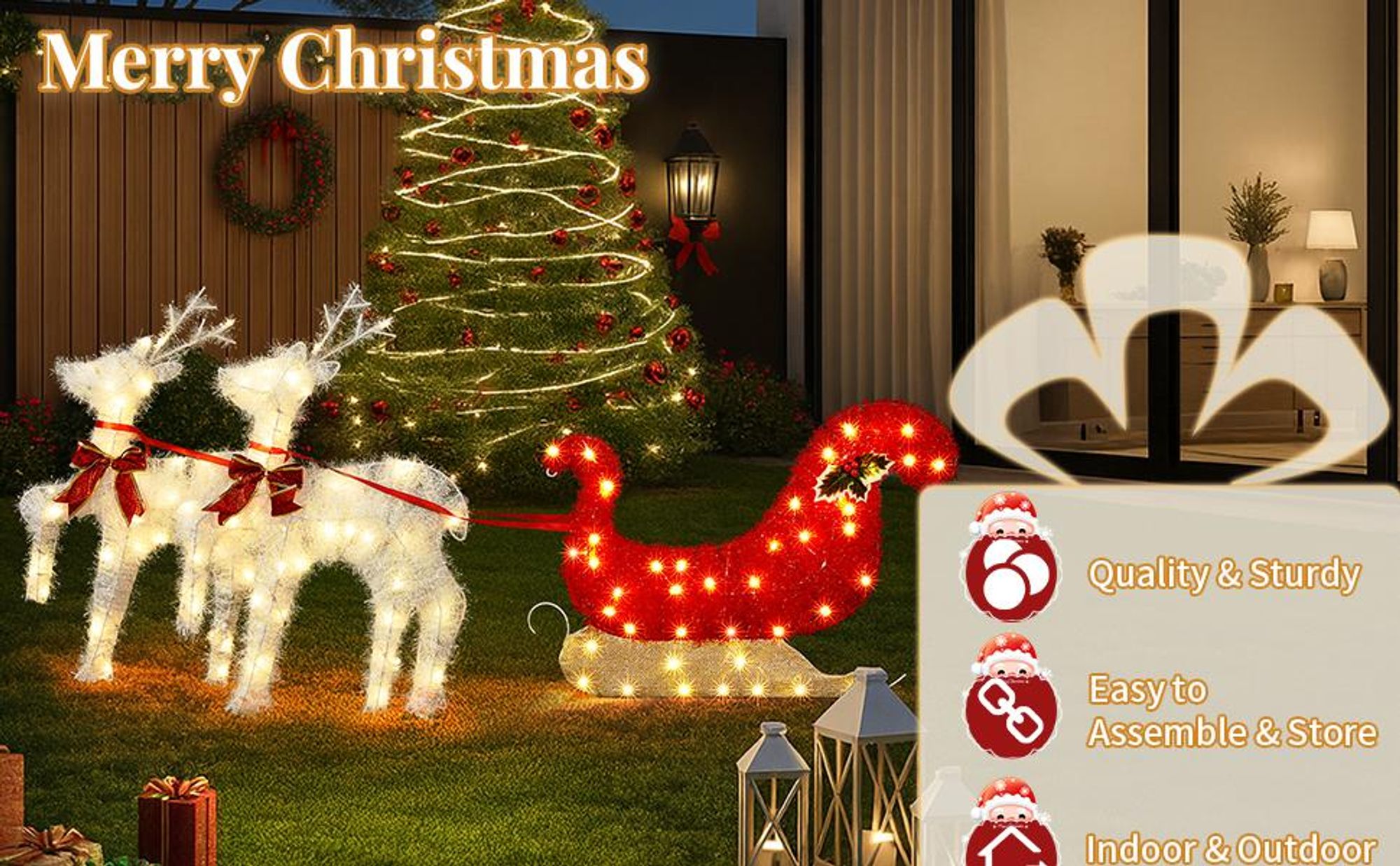 LEADZM 2-teiliges Weihnachtsbeleuchtung Rentier mit Schlitten & 135 warmweißen Lichtern, Weihnachten Deko für Außen und Innen