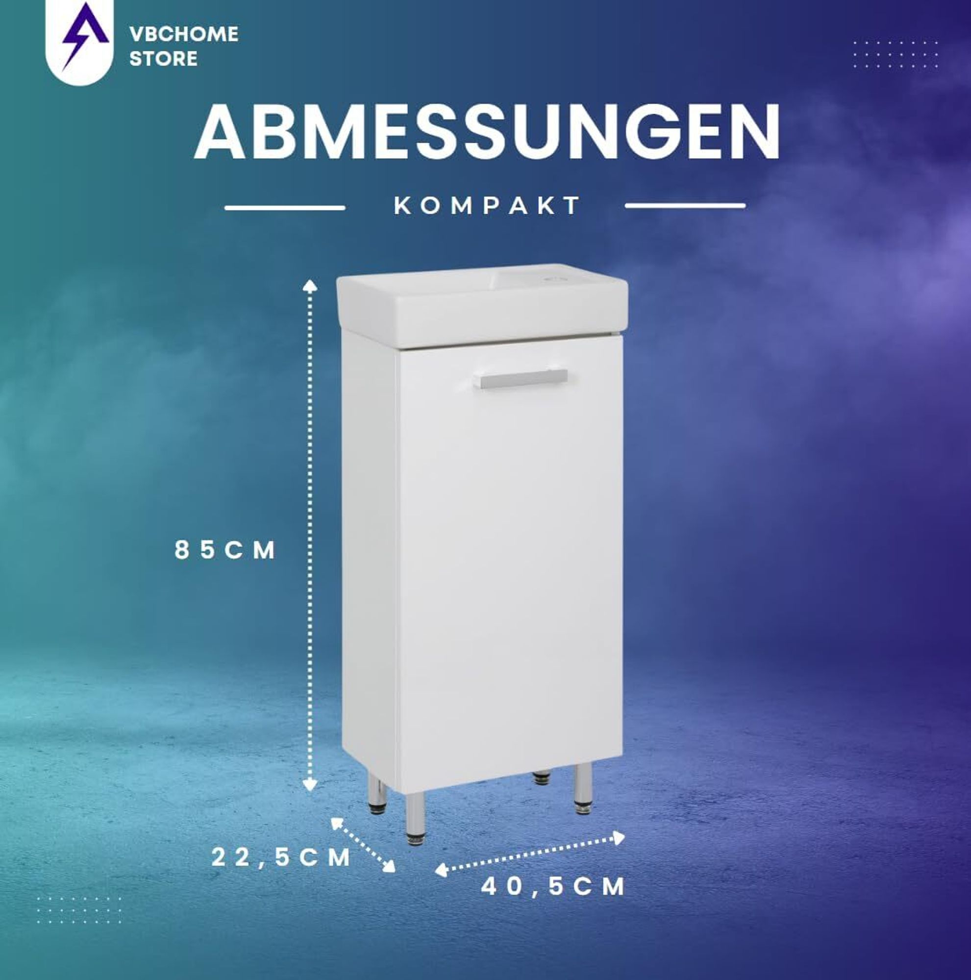 VBChome Badunterschrank 40x85x22 cm Weiß Stehend mit Keramik-Waschbecken – Waschtischunterschrank mit Armaturloch – Badezimmermöbel Set Modern