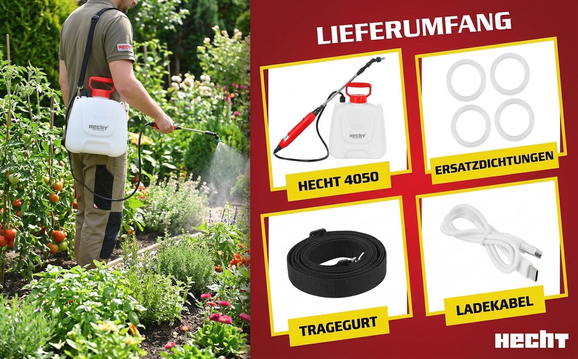 Drucksprüher Akku Gartenspritze HECHT 4050 | 5 Liter | 2,5 bar | Ausziehbare Teleskoplanze | Tragegurt & USB-Kabel 3,7V 2000mAh
