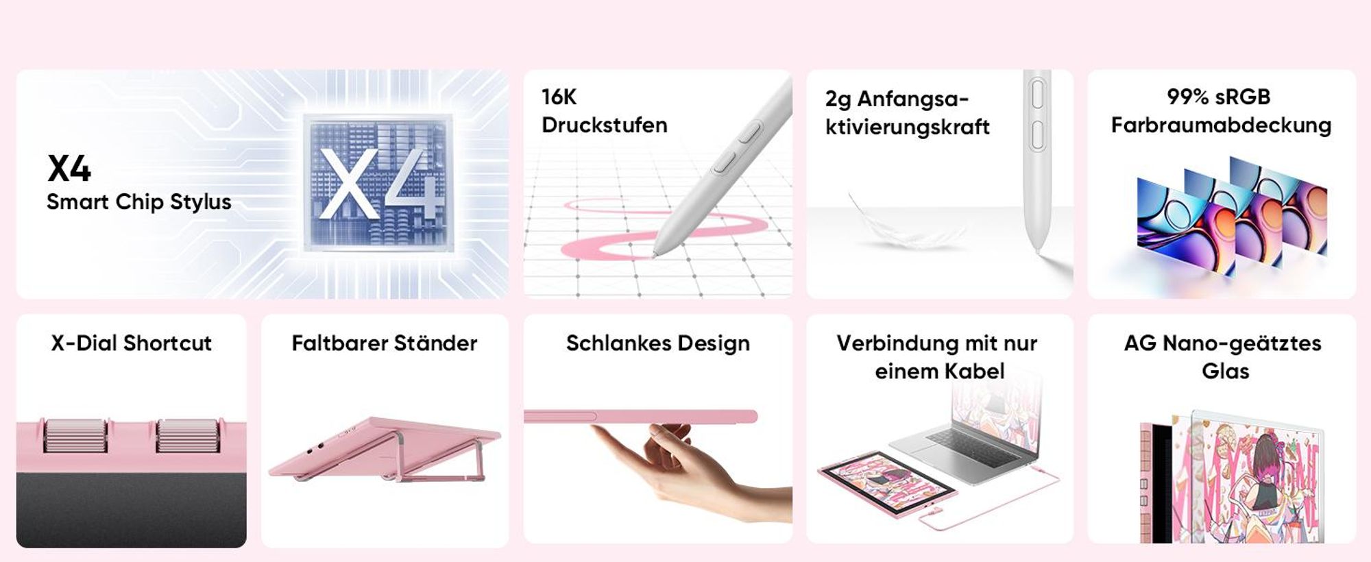 XPPen Artist 12 3rd Pink 11,9 Zoll Grafikmonitor, batterieloser Stift mit 16384 Druckstufen, Doppel-Drehräder für digitale Künstler