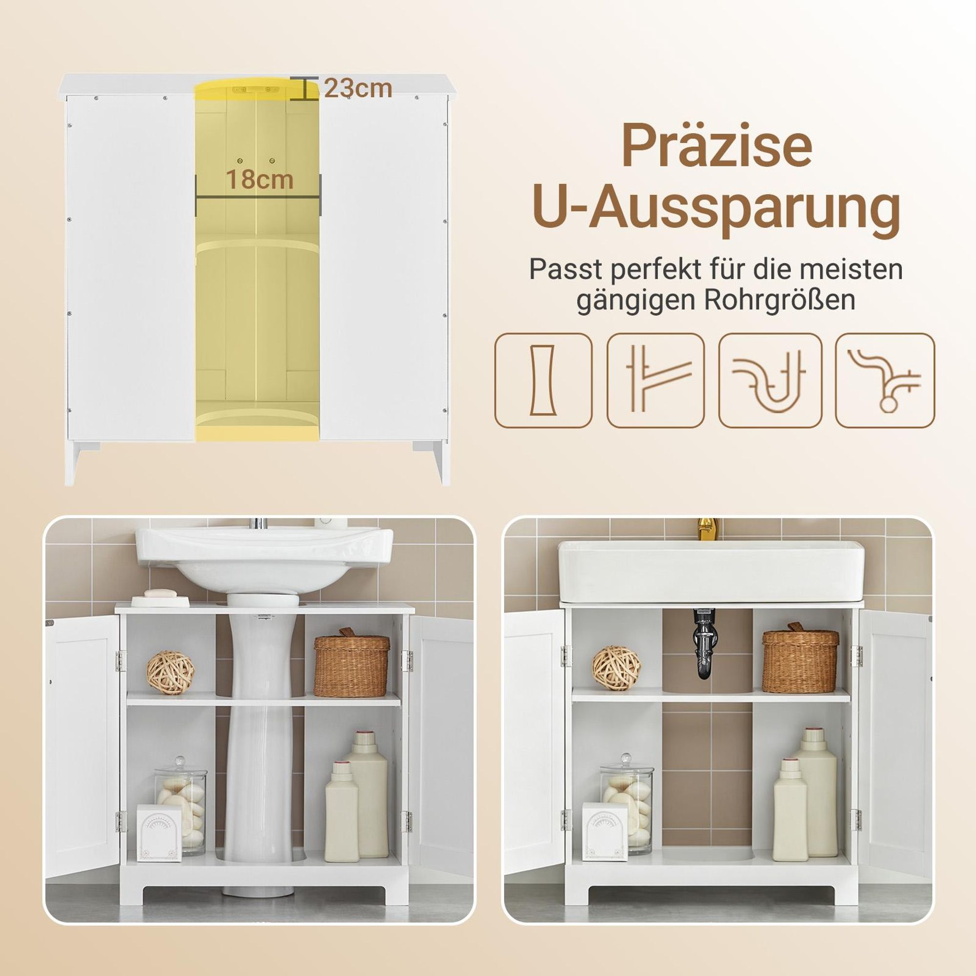 SoBuy Waschbeckenunterschrank für Standwaschbecken, 60x29x60 cm | Badschrank mit 2 Türen und verstellbarem Einlegeboden, Weiß BZR18-II-W