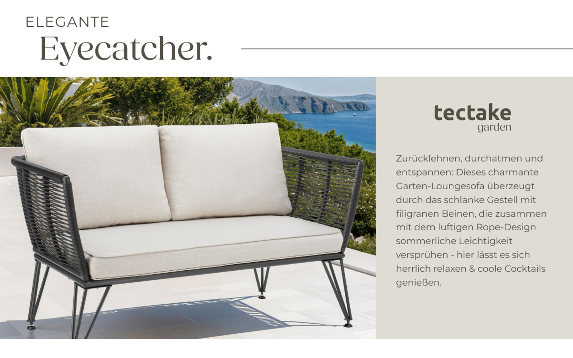 tectake® Garten-Loungesofa Sundo im Rope-Design mit Polyrattan