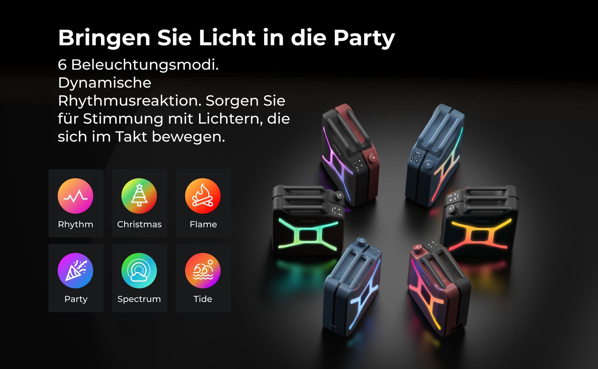 ULTIMEA Go tragbarer Party-Lautsprecher, 300 W Bluetooth PartyBox mit Bass-Boost, RGB-Beleuchtung, Mikrofon-/Gitarreneingang, Party & Outdoor, Rot