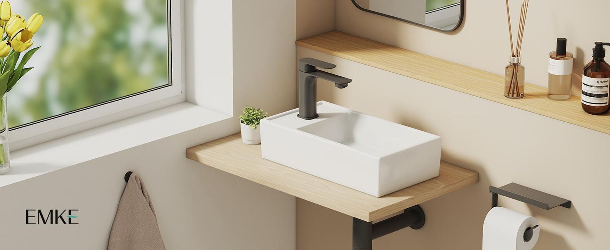 EMKE Aufsatzwaschbecken Keramik Rechteckig 410x220mm Weiß Glänzend mit Armaturloch, Modernes Design für Badezimmer & Gäste-WC