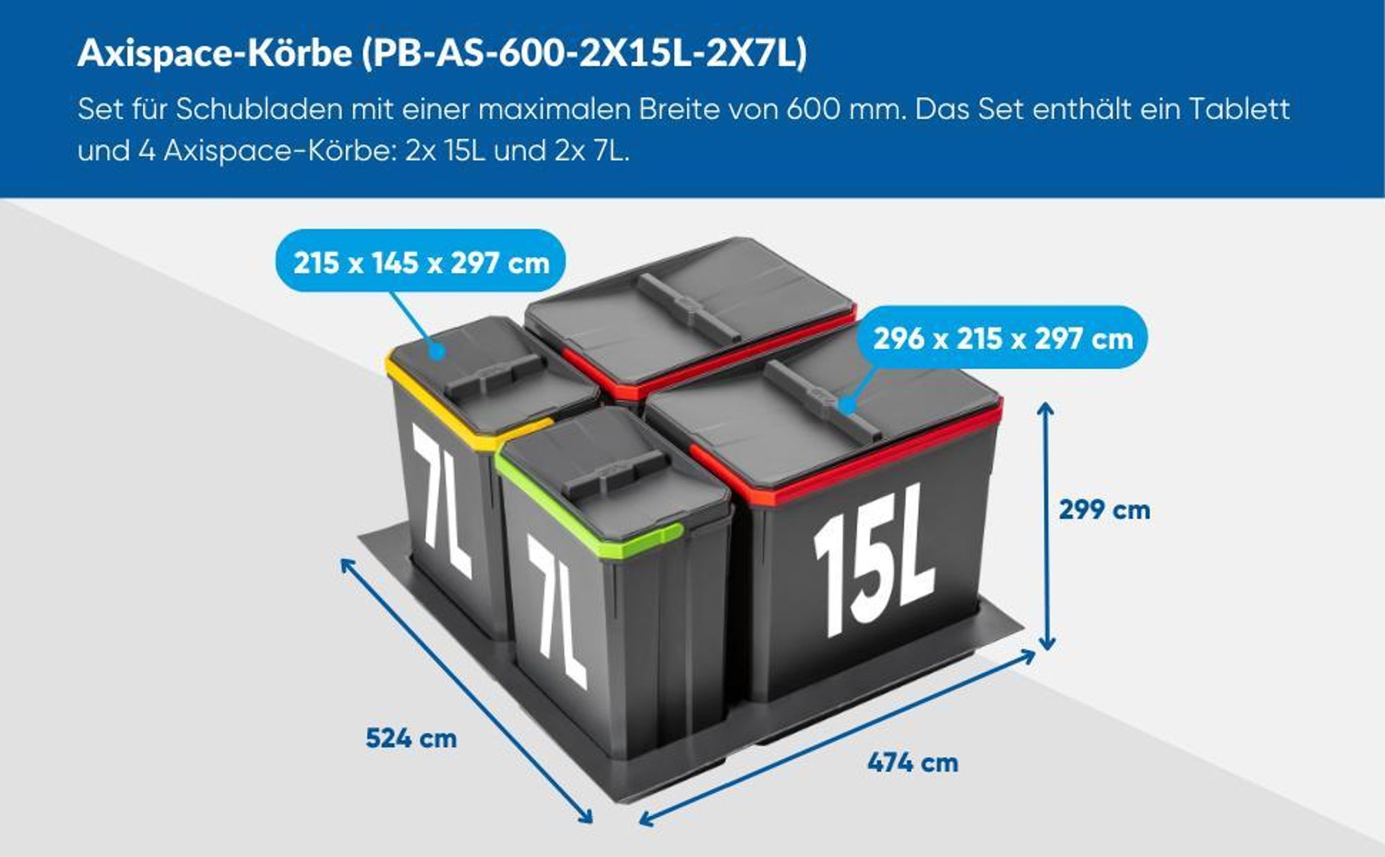 GTV AXISPACE Müll‑ und Sortier‑System 600 mm – 2×15 L + 2×7 L Abfall‑Körbe, anthrazit, kompatibel mit Schubladen