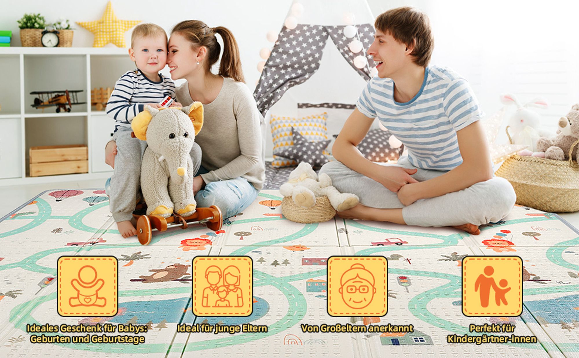 Krabbelmatte Baby XXL 180x200, Extra Dick 1,5cm, Faltbare Spielmatte, Wasserdicht & Rutschfest, Doppelseitig