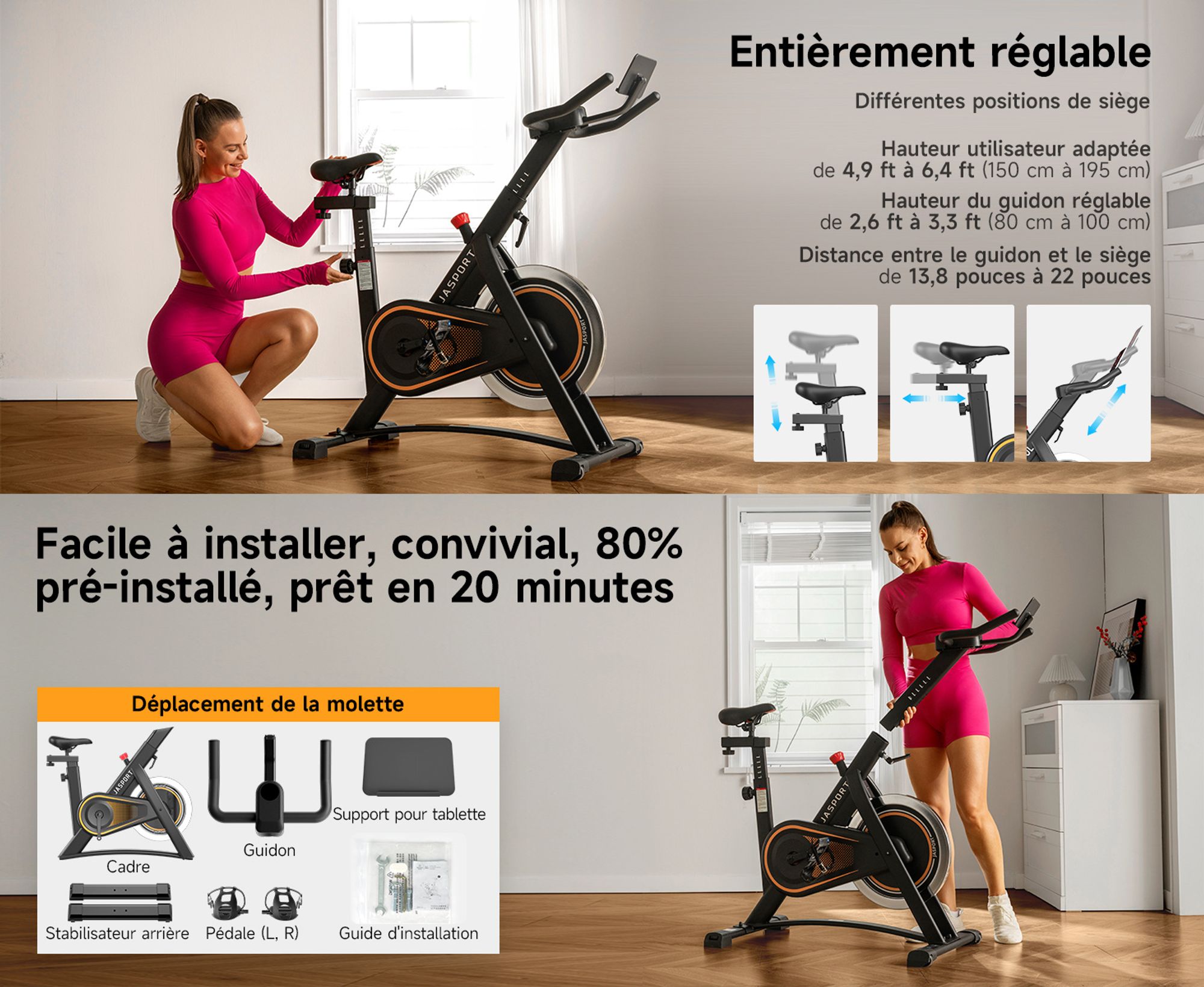 JASPORT A3 ergomètre – vélo d’appartement silencieux pour entraînement d’endurance, support tablette et assise confortable
