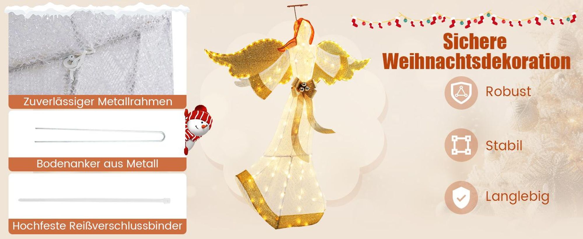 COSTWAY beleuchteter Weihnachtsengel 160cm, geflügelte Weihnachtsdeko mit 180 warmweißen LEDs, Heiligenschein & Flügeln, Weihnachtsfigur
