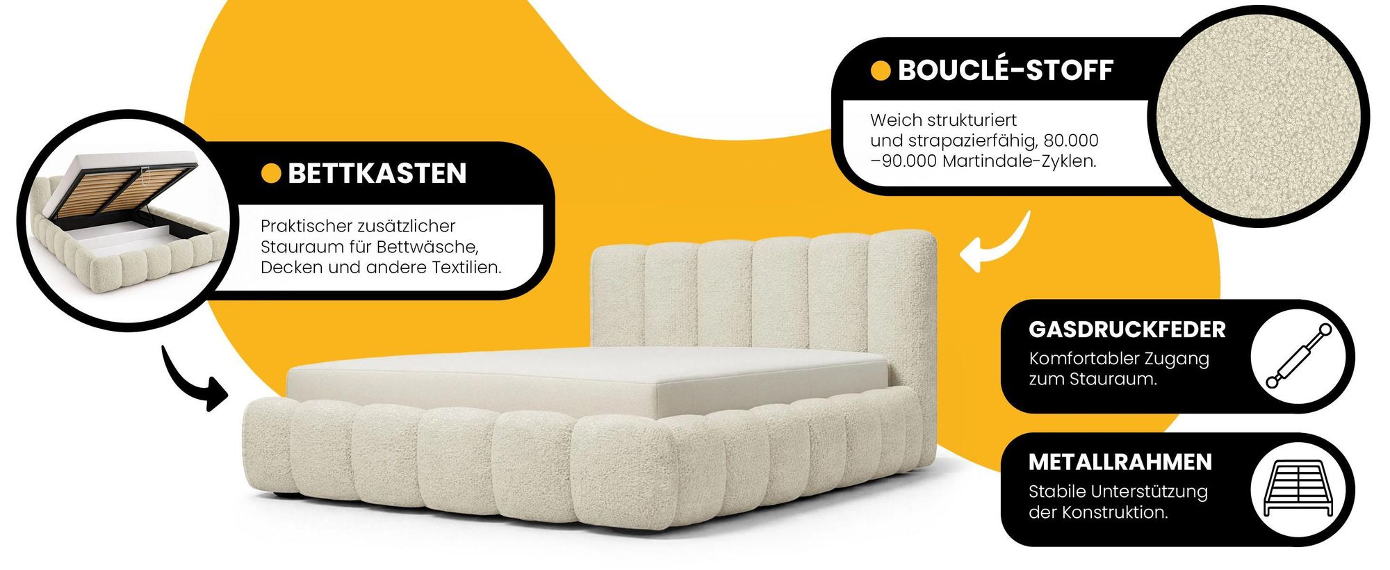 Polsterbett 180x200 cm - Bouclé Stoff - Creme - mit Bettkasten und Stauraum - Quelle 02