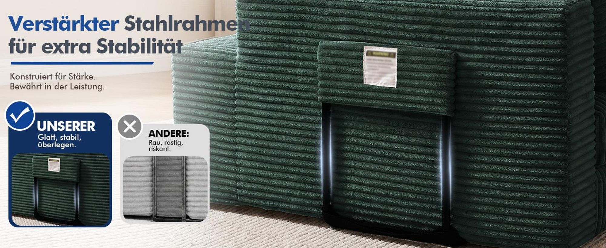 COMHOMA Ecksofa mit Schlaffunktion, 228cm Corduroy Modulares Boneless Couch mit Chaiselongue & Rücken-Metallgestell, L-Form Schlafsofa mit offenem