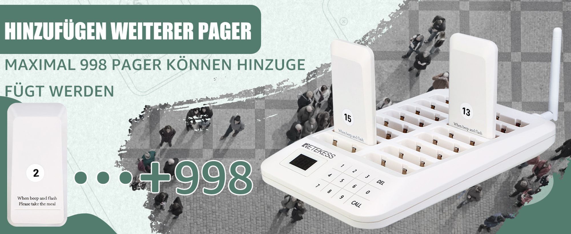 Retekess TD157 Restaurant Pager System, 16 Pager 998 Kanäle für Krankenhaus Restaurant Bar, Kundenrufsystem mit 2 Anrufmodus + Ferngespräch（Weiß）