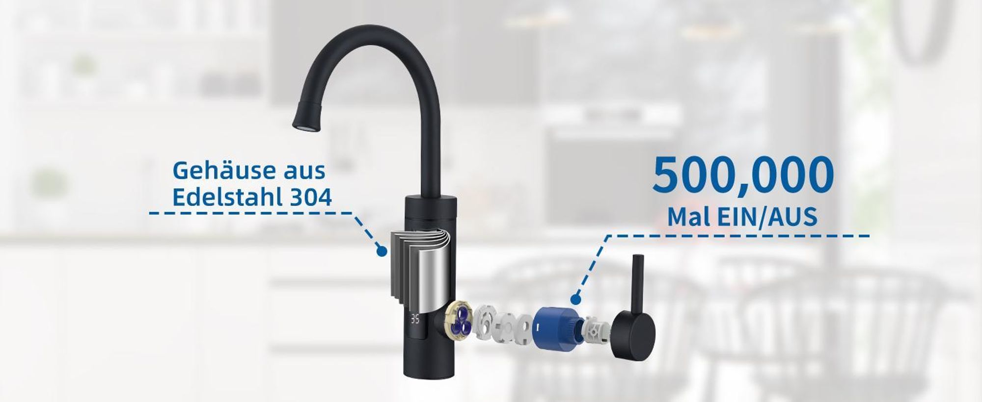 Homelody Elektrische Küchenarmatur mit Durchlauferhitzer, Smart Heater Wasserhahn 360° drehbar, Schwarz Wasserhahn Küche mit LED Temperaturanzeige