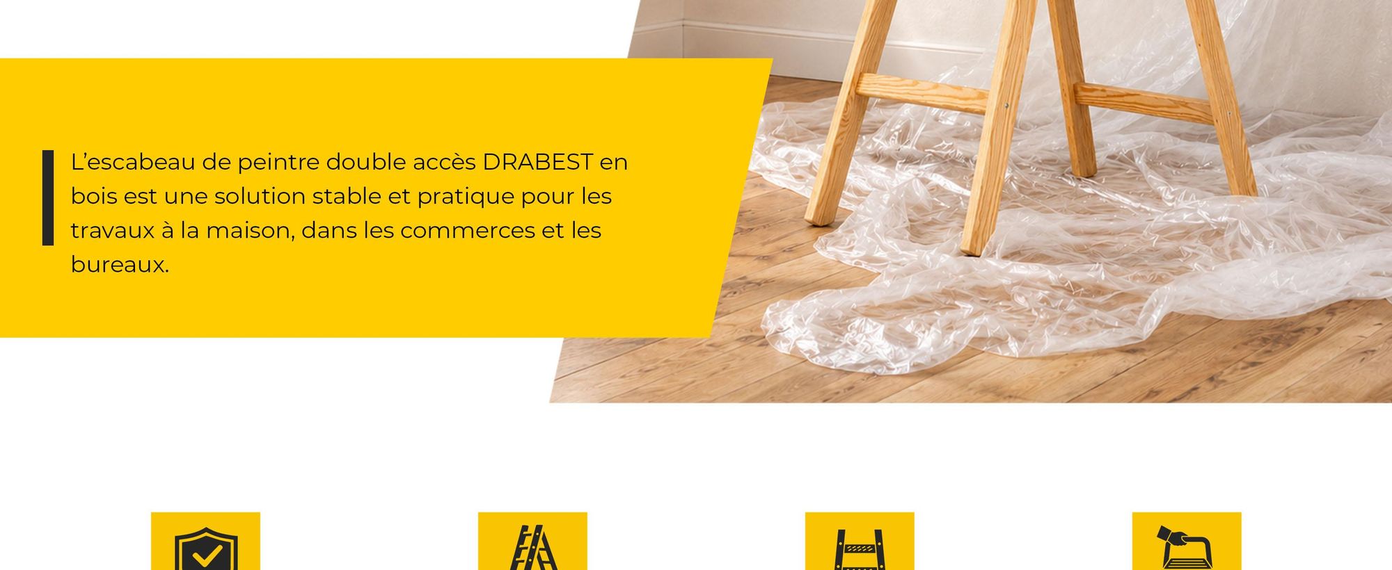 Drabest | Échelle en bois 4 marches 150 kg - Stable et pratique - Idéale pour la maison et le bureau