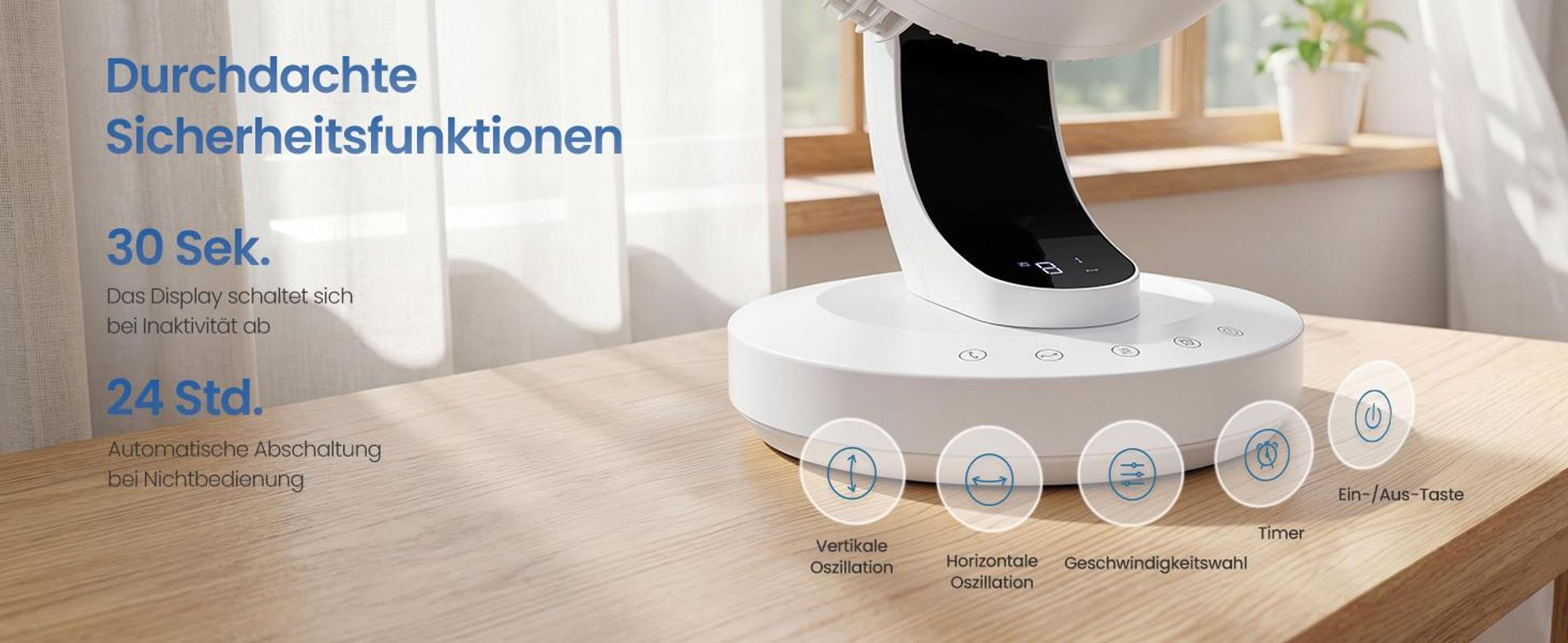 SONGMICS Tischventilator mit LED-Display, leiser Ventilator 20 dB, 8 Stufen, Fernbedienung, Oszillation, Timer, weiß