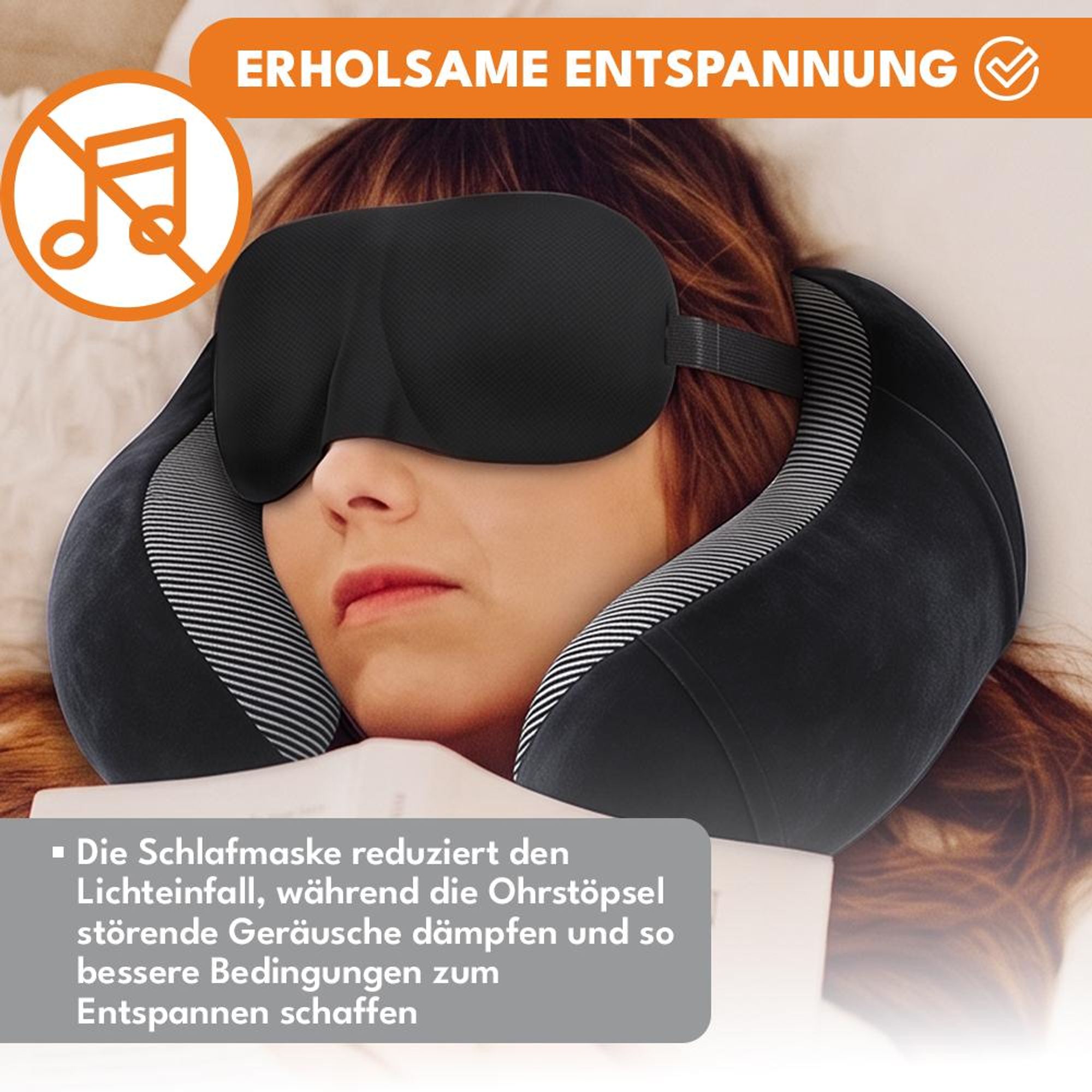 KRUMAD Nackenkissen Reise, Nackenhörnchen Flugzeug, Reisekissen für Flugzeug, Schaumstoff, Polyester, 3-er Set Nackenkissen, Augenmaske und Ohrstöpsel