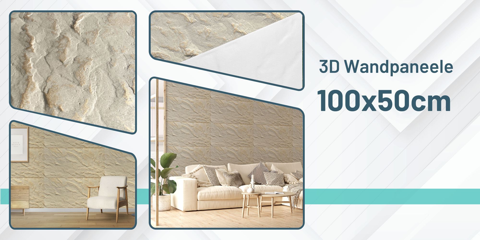 DECCART | 3D Deckenplatten | Beige-goldene Wandpaneele | Boulder 19 | Felsimitation | 100x50cm | 0,5m2