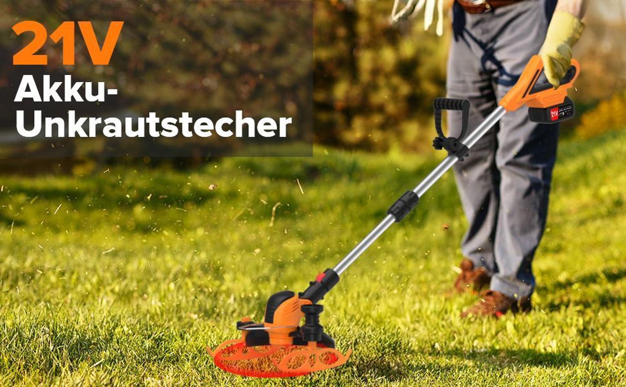 Akku Rasentrimmer, 21V Rasenkantenschneider, Freischneider, mit 2 Batterie und Ladegerät, Einstellbarer Schnitttiefe, für Hof, Garten, Rasen