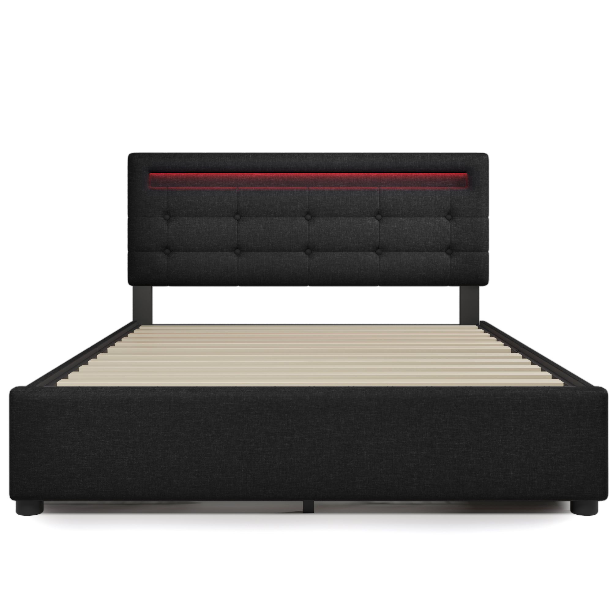 Flieks Polsterbett 140x200cm mit LED und höhenverstellbarem Kopfteil, Doppelbett mit Lattenrost und 4 Schubladen, Stauraumbett Leinen, Grau