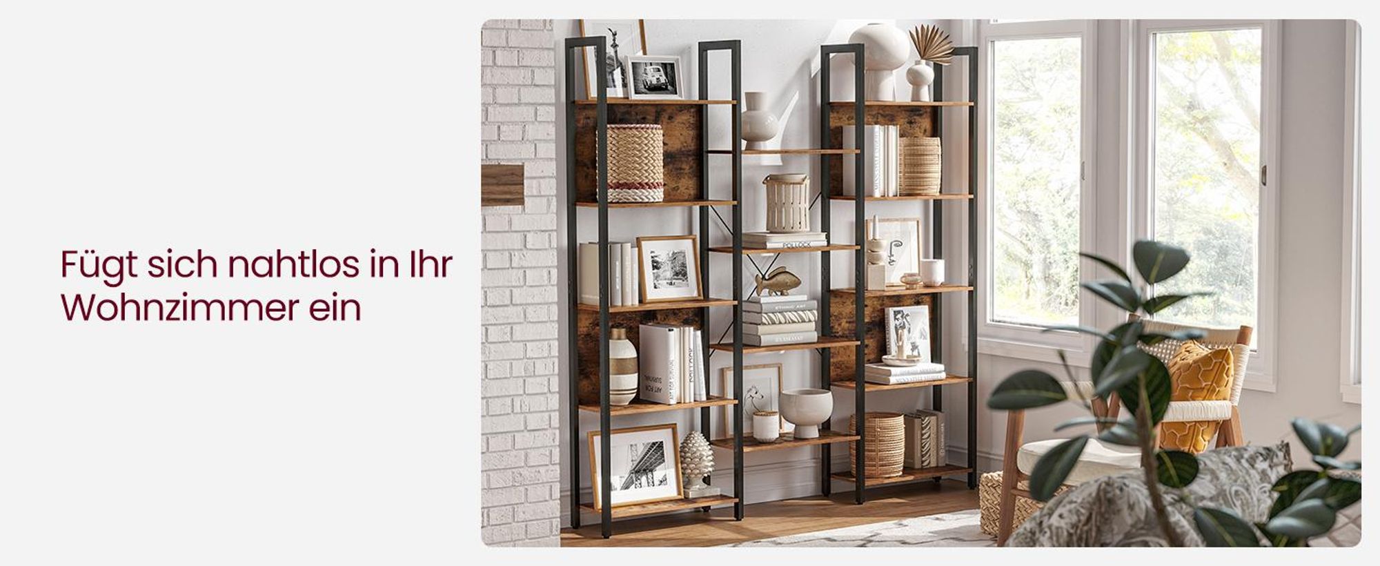 VASAGLE Bücherregal, Leiterregal, 14 Ablagen, Metallgestell, vintagebraun