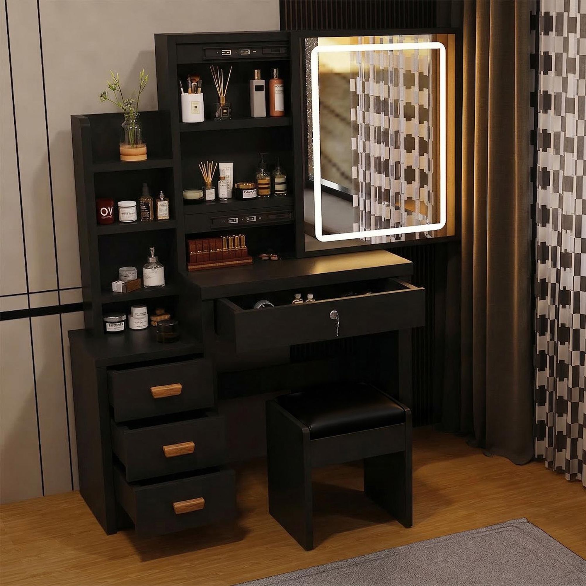 OYAJIA  Schminktisch mit LED-Beleuchtung, Spiegel einstellbare Helligkeit, Schminktisch mit Hocker，Frisiertisch mit 4 Schubladen und   Ablagen, Modern