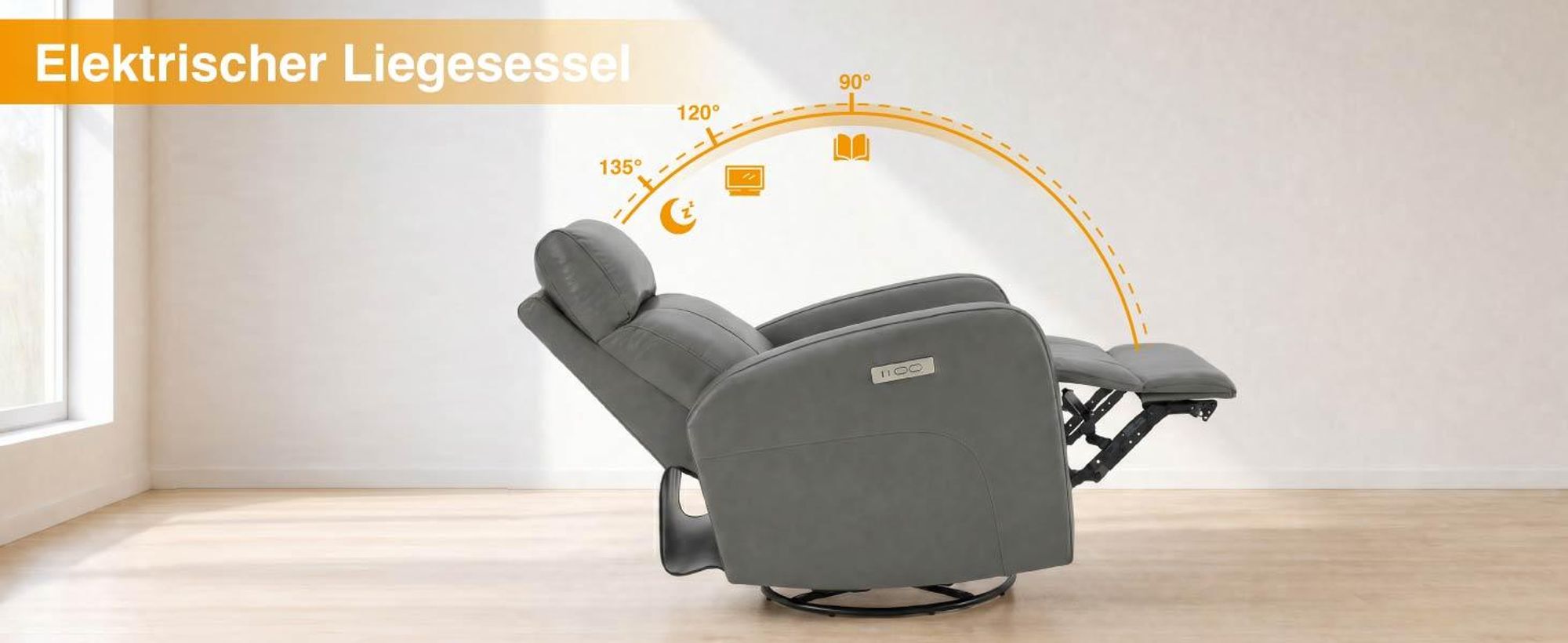 CHITA Elektrischer Relaxsessel, Echtleder, 270° drehbar, Fernsehsessel mit Liegefunktion, elektrisch verstellbar, USB-Anschluss