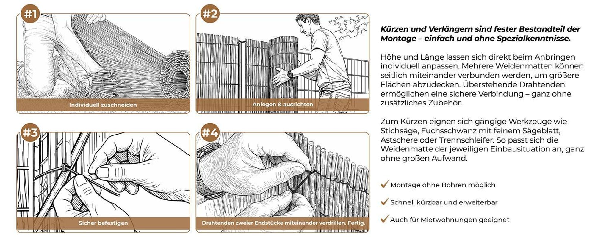 Weidenmatte 160x500 cm mit Kabelbindern · 18 Größen · Sichtschutzmatte für Garten, Balkon und Terrasse · Balkonsichtschutz