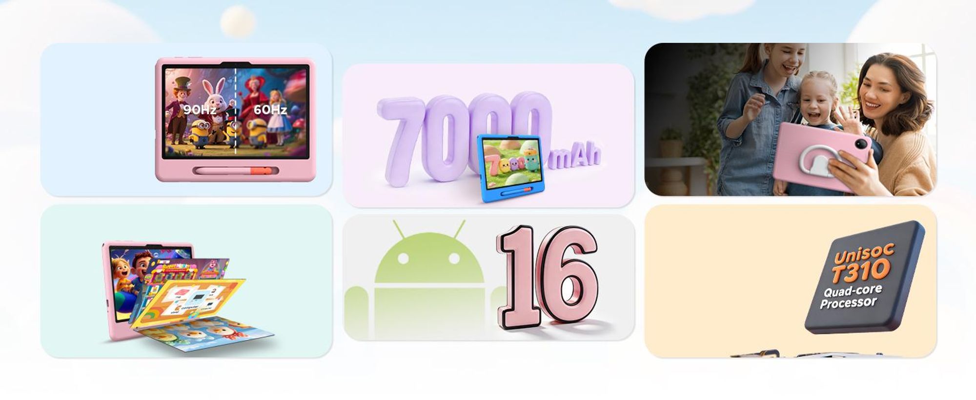 POCKAM P10 kinder tablet, 10,1 inch, met Gemini AI, Android 16, 32 (6+26) GB RAM + 64 GB ROM/TF 2TB, 7000mAh, WiFi tablet voor kinderen, met kindvriendelijke hoes en stylus