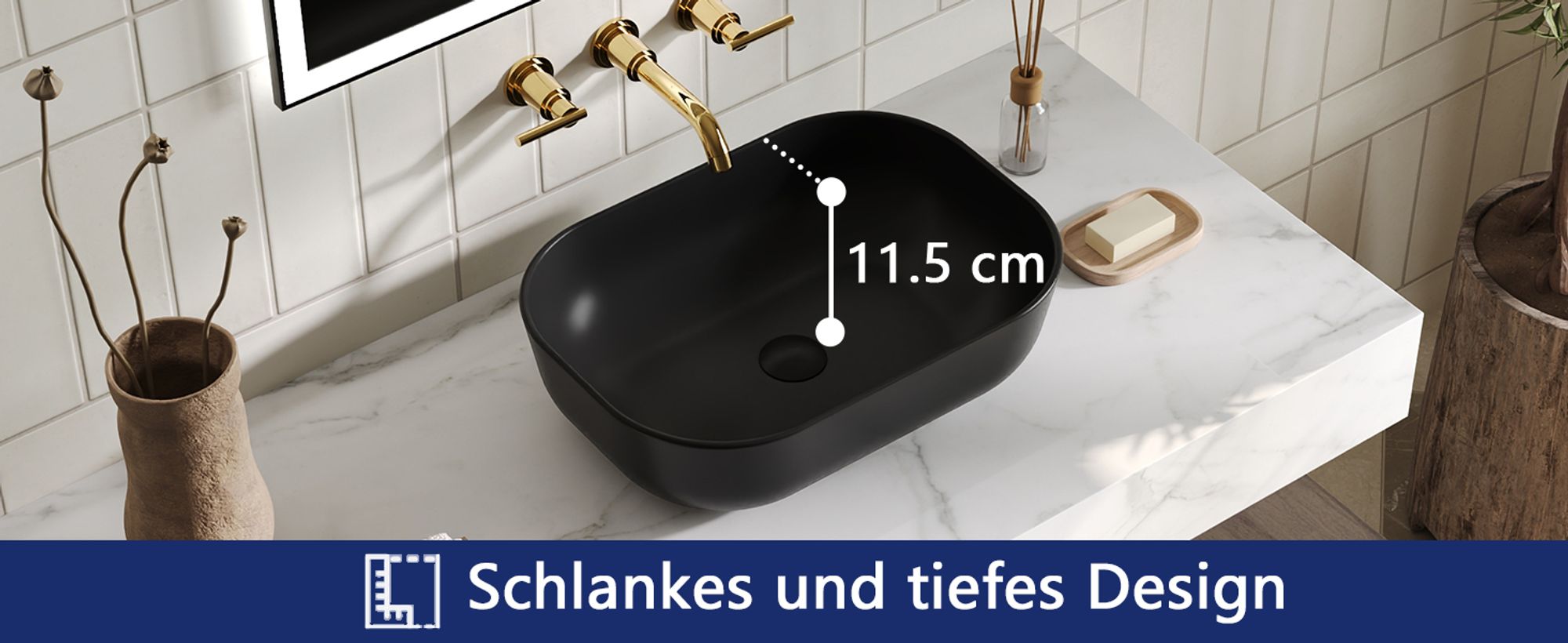 Schwarzes Keramik Aufbauwaschbecken rechteckig 50 × 40 × 14,5 cm – Modernes Bad Design von DeerValley