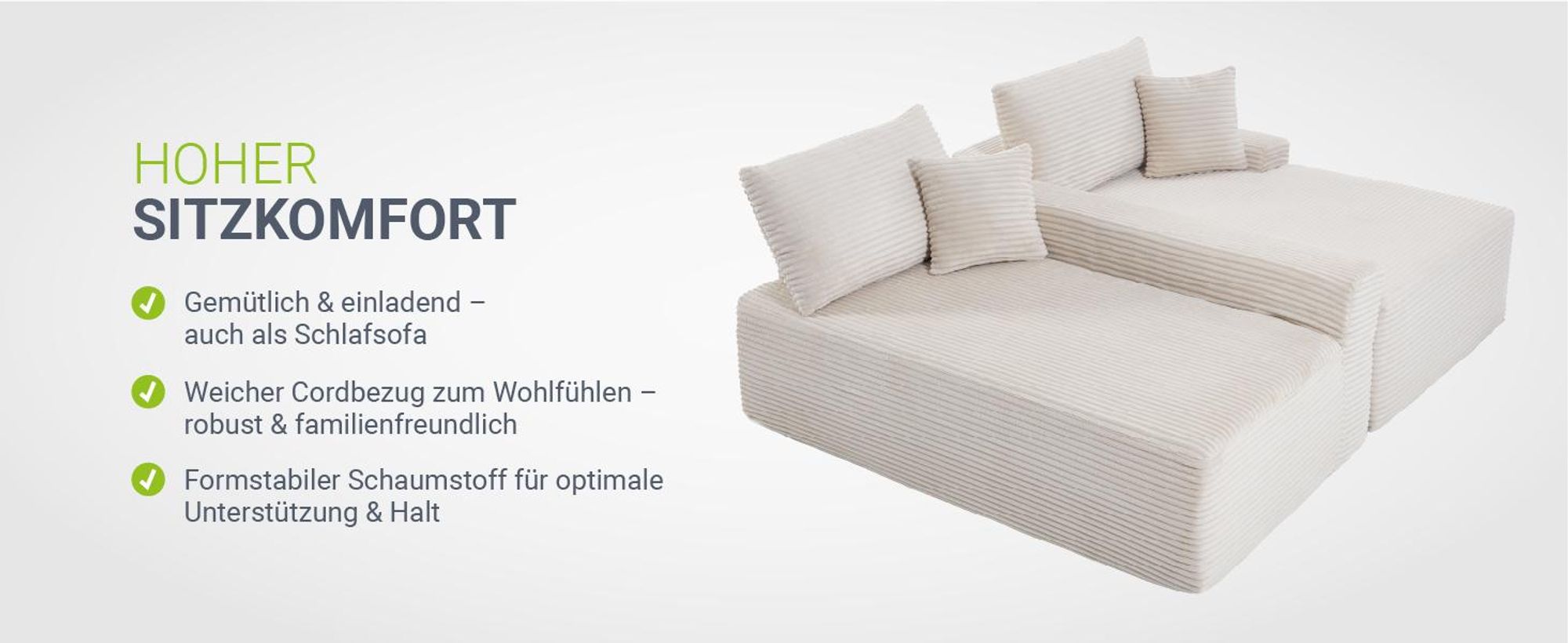 Juskys Sofa Coredo - Beige, moderne Couch aus Cord mit Kissen, Ottomane rechts