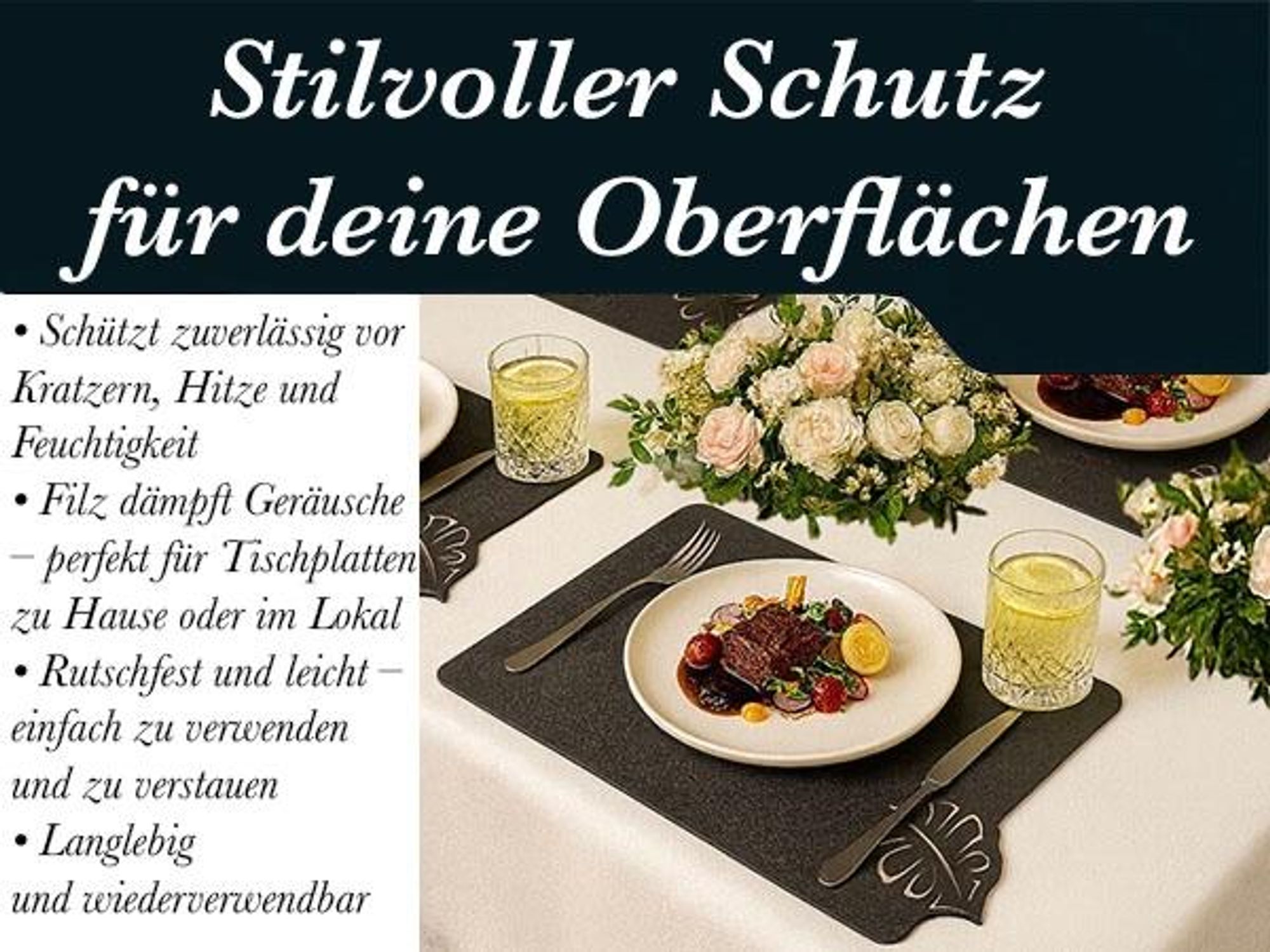 4-Teiliges Set aus Filz Tischuntersetzer Tischset Tischunterlage Tischmatte Platzset , Platzdeckchen abwaschbar Filzmatte (Rechteck, Blume Anthrazit)