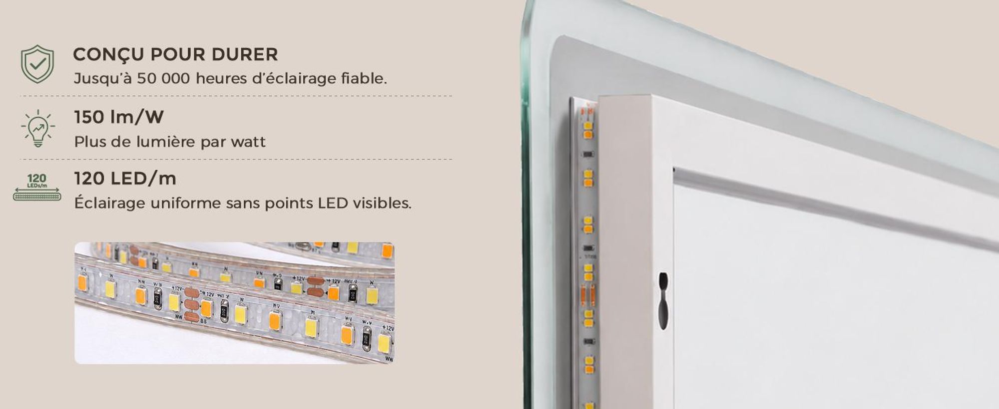 S'AFIELINA Miroir salle de bain LED avec Bluetooth 5.3, 120 × 60 cm, Miroir grossissant 3×, antibuée, 3 couleurs, intensité réglable, tactile & mémoir