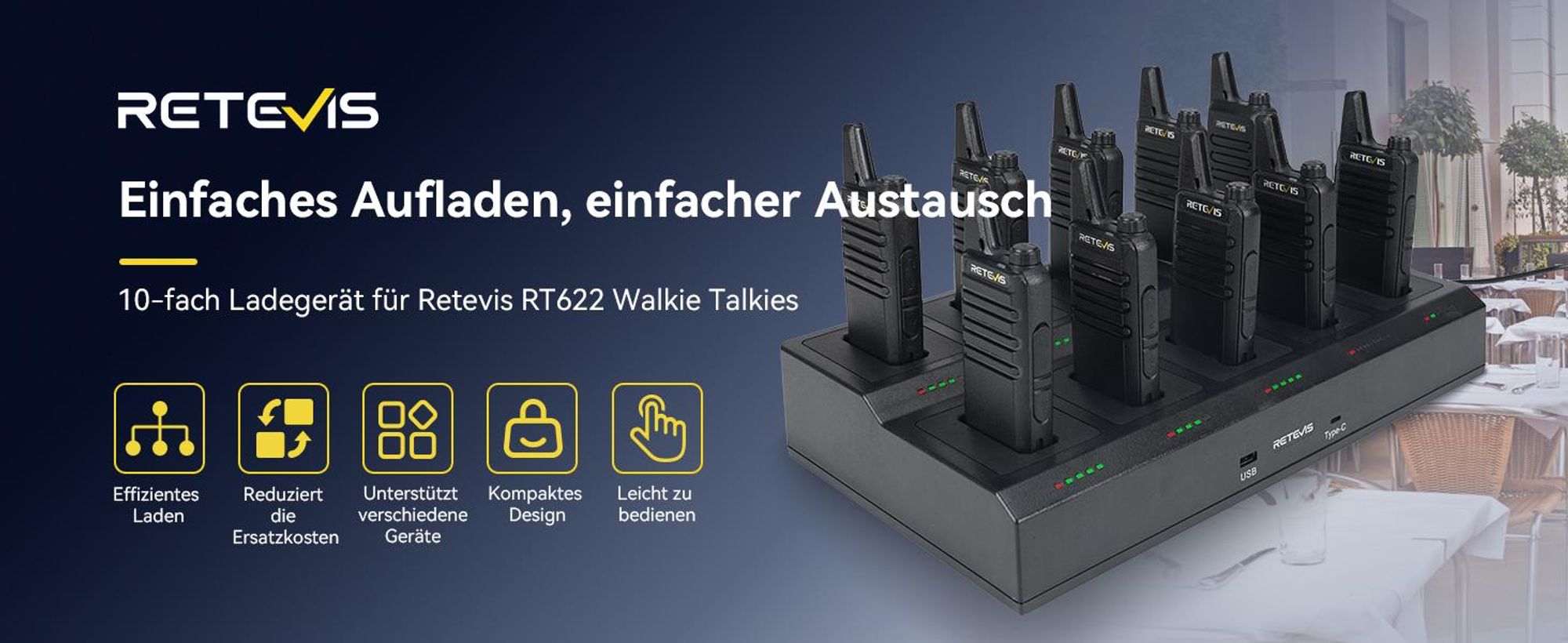 Retevis RT622 Walkie Talkie, PMR Funkgeräte Set, Wiederaufladbar Funkgerät mit 10-in-1 Ladegerät, Abnehmbare Steckplätze, Walkie-Talkie 10er Set für E